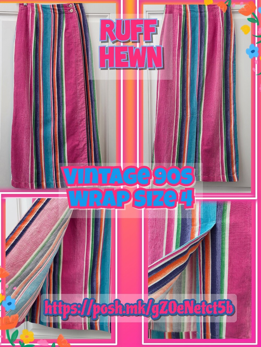 📣 Vintage 90s Ruff Hewn Wrap Colors Long Straight Cotton Summer Skirt SZ 4 🌈